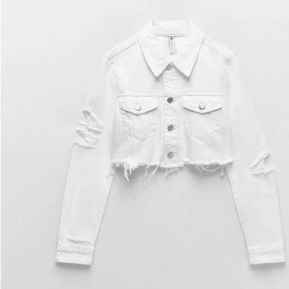 Zara Denim Jacket Womens Cropped White Raw Hem - Picture 6 of 11